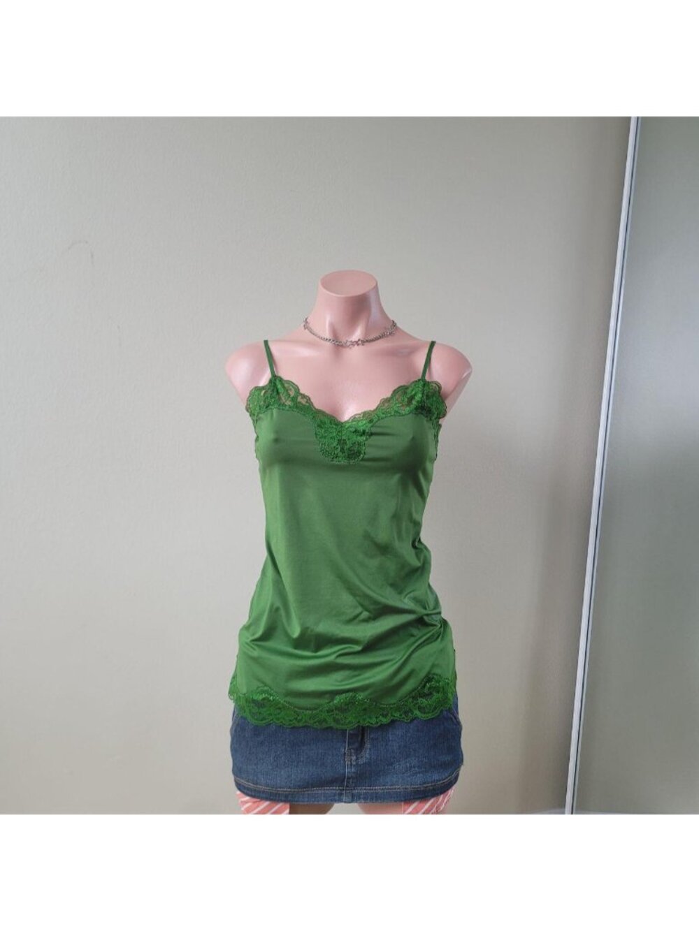 Deep Green Floral Lace Overlay Coquette Summer Camisole (One Size)